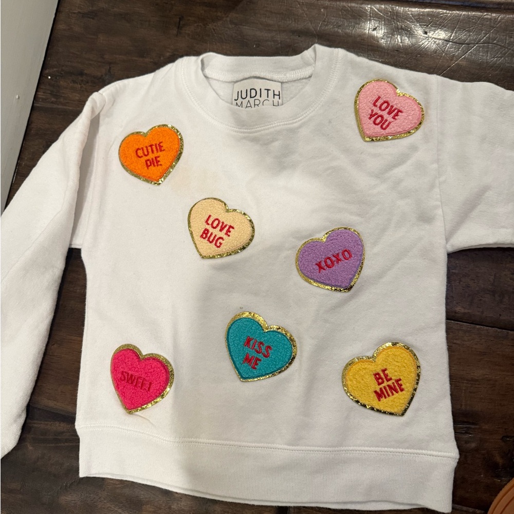 Judith March White Sweatshirt with Colorful Heart Patches